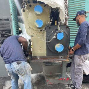 Certified HVAC, Inc. installing a 120 Ton Chiller. This job was challenging due to a small opening. Our team built a custom trough to sit the chiller on to be able to slide the chiller in. Just one way that we think outside the box to get a job done and meet the needs of our clients.